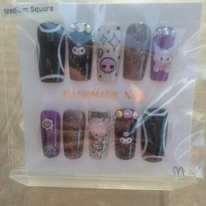 Handmade Cute Character Press-On Nails in Black, Purple, Pink